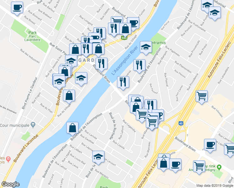map of restaurants, bars, coffee shops, grocery stores, and more near 266 Boulevard Brien in Repentigny