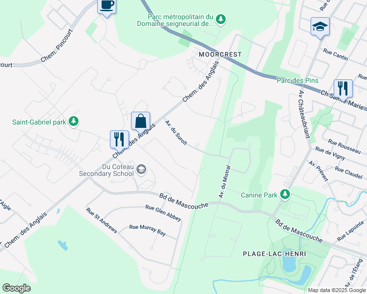 map of restaurants, bars, coffee shops, grocery stores, and more near 2110 Avenue du Suroît in Mascouche