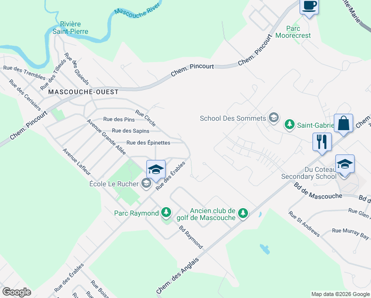 map of restaurants, bars, coffee shops, grocery stores, and more near 1302 Rue Circle in Mascouche
