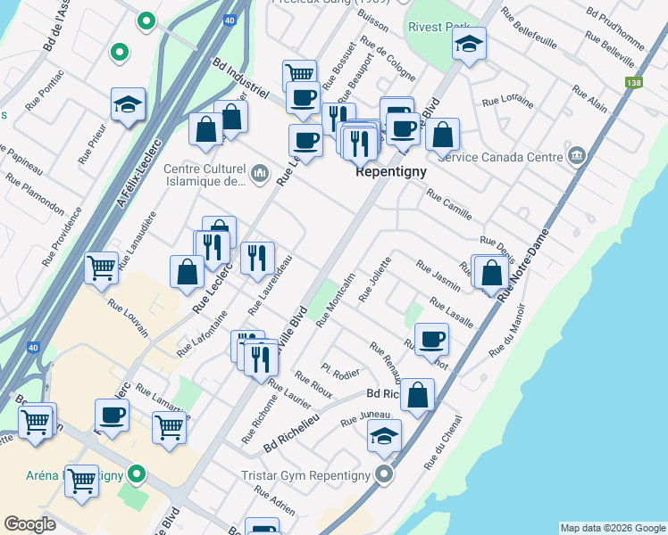 map of restaurants, bars, coffee shops, grocery stores, and more near 588 Boulevard Iberville in Repentigny