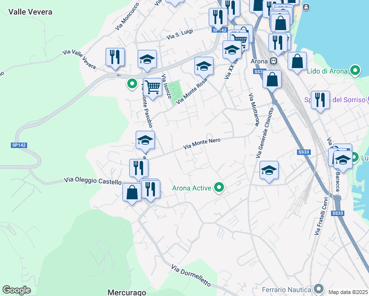 map of restaurants, bars, coffee shops, grocery stores, and more near 37 Via Monte Nero in Arona