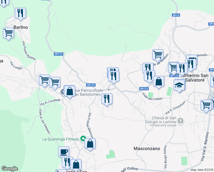 map of restaurants, bars, coffee shops, grocery stores, and more near 26 Piazza San Salvatore in Almenno San Salvatore