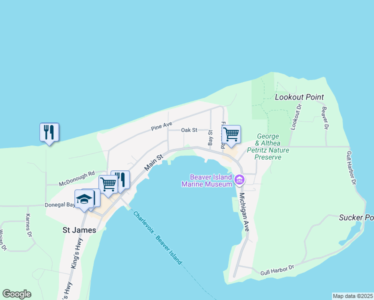 map of restaurants, bars, coffee shops, grocery stores, and more near 26150 Main Street in Beaver Island