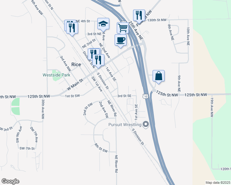 map of restaurants, bars, coffee shops, grocery stores, and more near 200 South Division Street in Rice