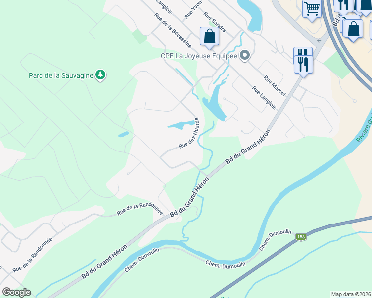 map of restaurants, bars, coffee shops, grocery stores, and more near 1179 Rue des Huards in Saint-Jérôme