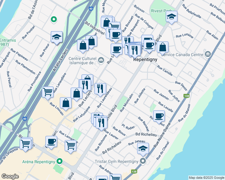 map of restaurants, bars, coffee shops, grocery stores, and more near 60 Rue Laroche in Repentigny