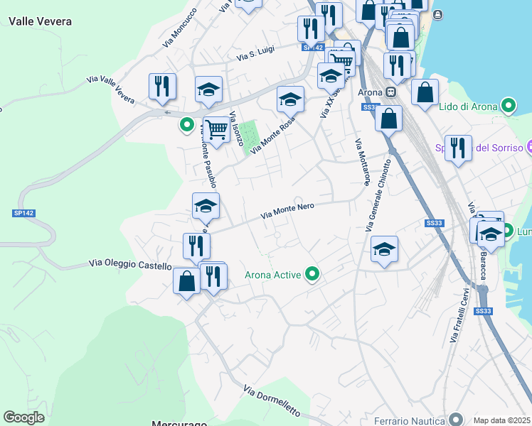 map of restaurants, bars, coffee shops, grocery stores, and more near 37 Via Monte Nero in Arona