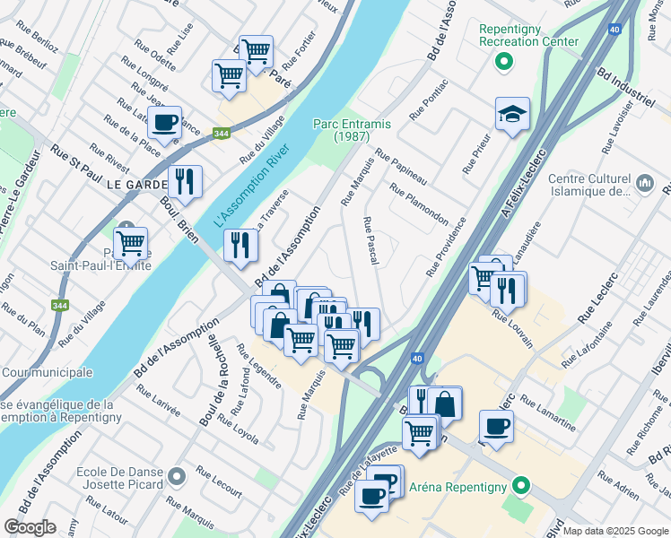 map of restaurants, bars, coffee shops, grocery stores, and more near 239 Rue Pasteur in Repentigny