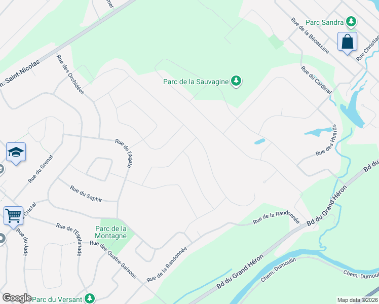 map of restaurants, bars, coffee shops, grocery stores, and more near 17025 Rue Du Zircon in Mirabel