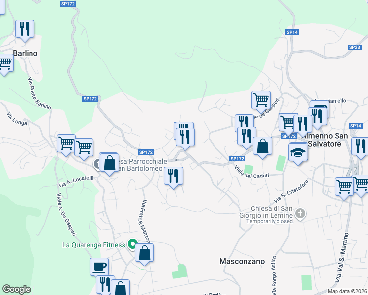 map of restaurants, bars, coffee shops, grocery stores, and more near 26 Piazza San Salvatore in Almenno San Salvatore