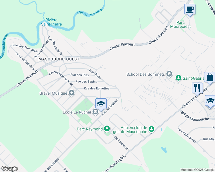 map of restaurants, bars, coffee shops, grocery stores, and more near 1220 Rue Circle in Mascouche