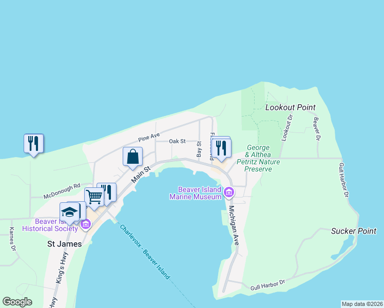 map of restaurants, bars, coffee shops, grocery stores, and more near 26150 Main Street in Beaver Island