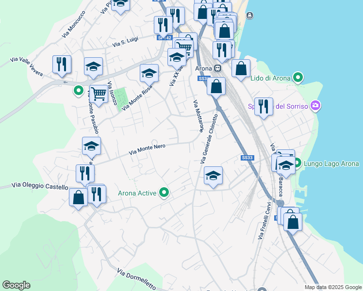 map of restaurants, bars, coffee shops, grocery stores, and more near 20 Via Generale A. Diaz in Arona