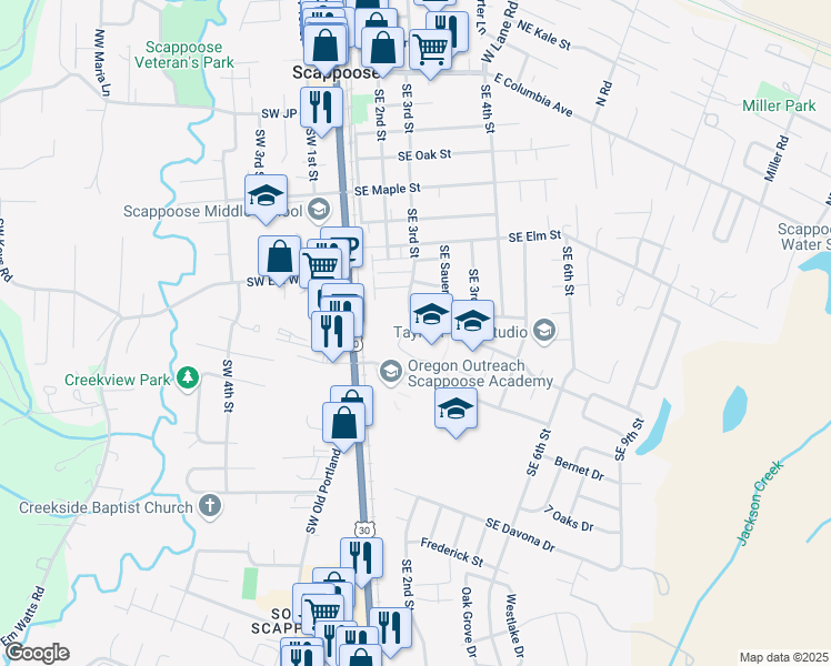 map of restaurants, bars, coffee shops, grocery stores, and more near 52050 Southeast 3rd Street in Scappoose