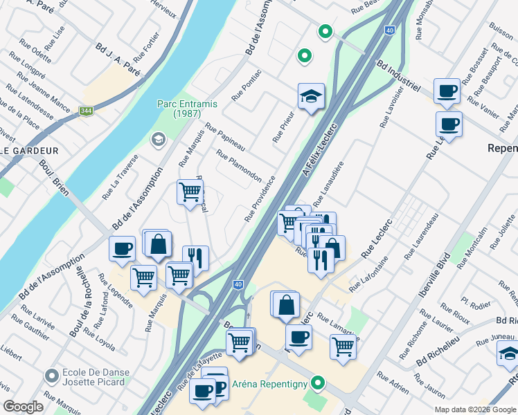 map of restaurants, bars, coffee shops, grocery stores, and more near 642 Rue de Providence in Repentigny