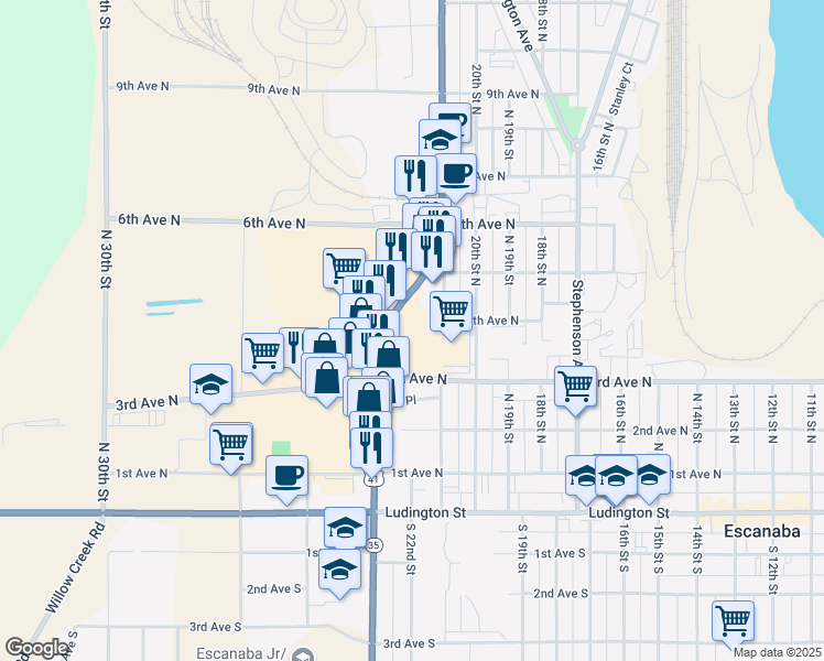 map of restaurants, bars, coffee shops, grocery stores, and more near 430 North Lincoln Road in Escanaba