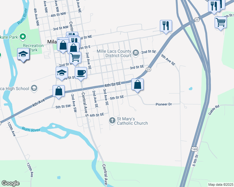 map of restaurants, bars, coffee shops, grocery stores, and more near 345 Minnesota 23 in Milaca