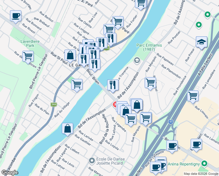 map of restaurants, bars, coffee shops, grocery stores, and more near 559 Rue de la Traverse in Repentigny