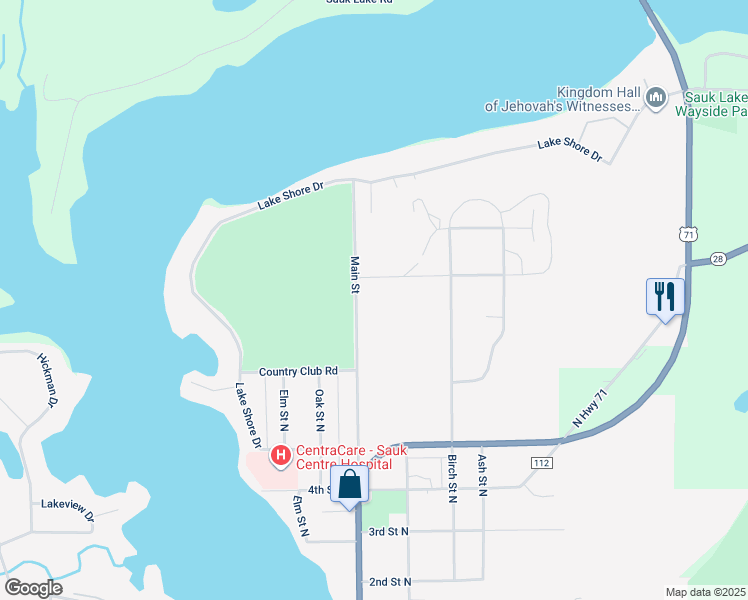 map of restaurants, bars, coffee shops, grocery stores, and more near 702 Main Street in Sauk Centre