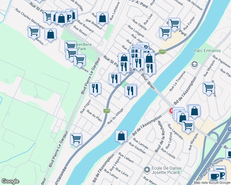 map of restaurants, bars, coffee shops, grocery stores, and more near 350 Boulevard Lacombe in Repentigny