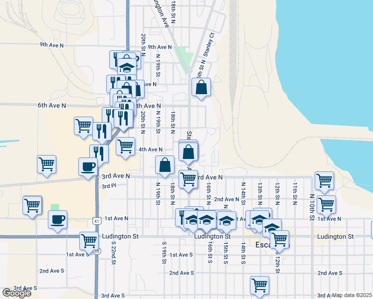 map of restaurants, bars, coffee shops, grocery stores, and more near 1700-1798 4th Avenue North in Escanaba