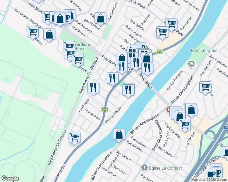 map of restaurants, bars, coffee shops, grocery stores, and more near 350 Boulevard Lacombe in Repentigny