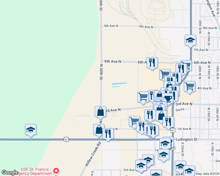map of restaurants, bars, coffee shops, grocery stores, and more near 505 North 26th Street in Escanaba