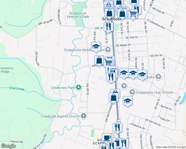 map of restaurants, bars, coffee shops, grocery stores, and more near 52096 Southwest 4th Street in Scappoose