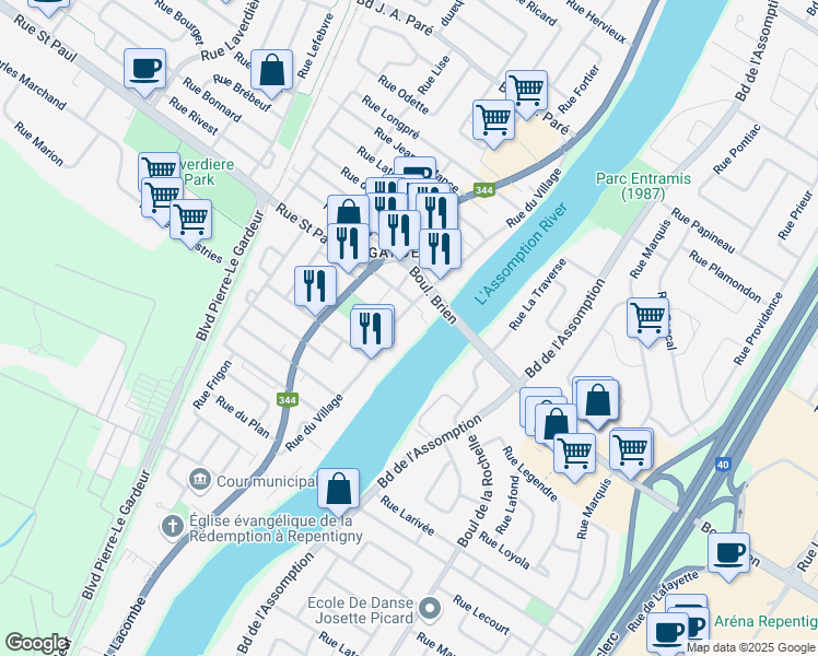 map of restaurants, bars, coffee shops, grocery stores, and more near 400 Rue du Village in Repentigny