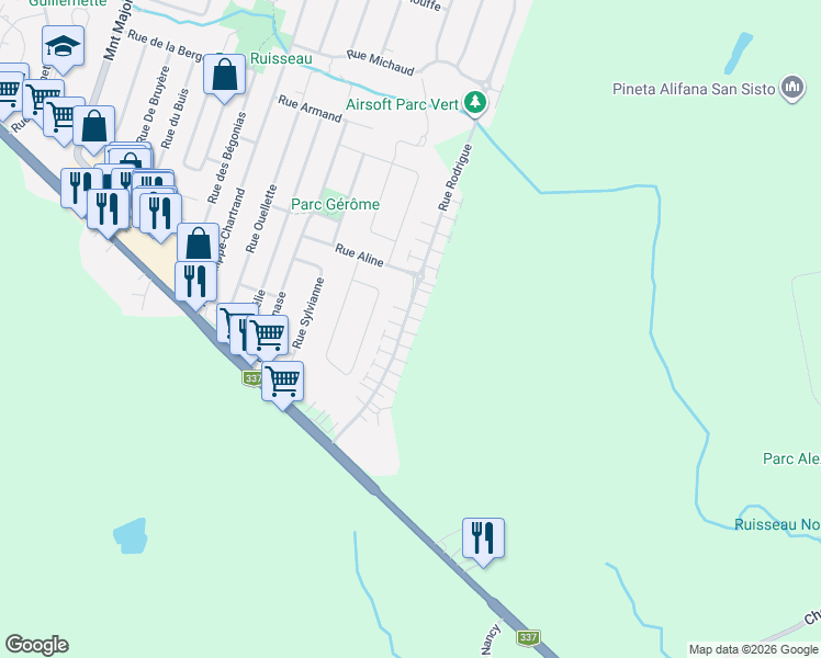 map of restaurants, bars, coffee shops, grocery stores, and more near 1151 Rue Rodrigue in Terrebonne