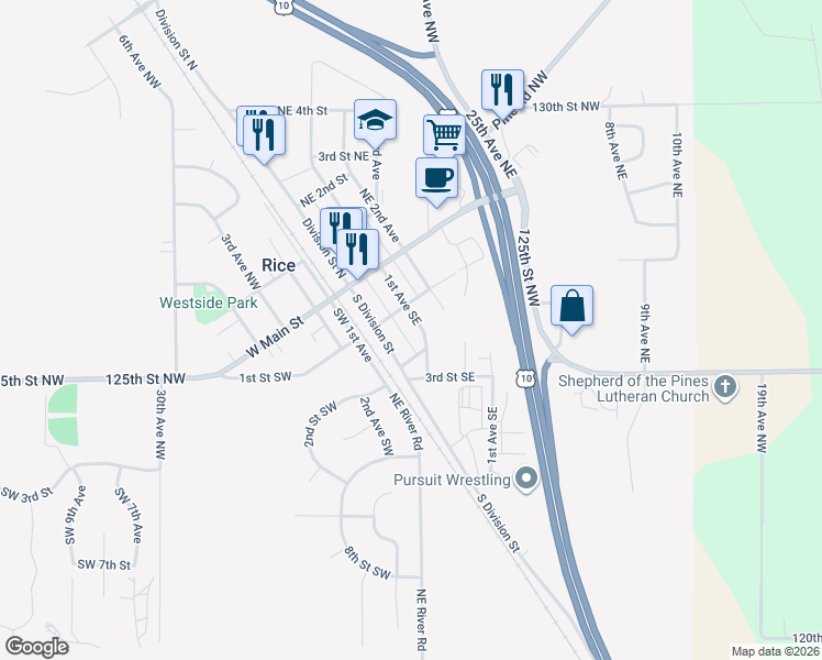 map of restaurants, bars, coffee shops, grocery stores, and more near 115 2nd Avenue Southeast in Rice