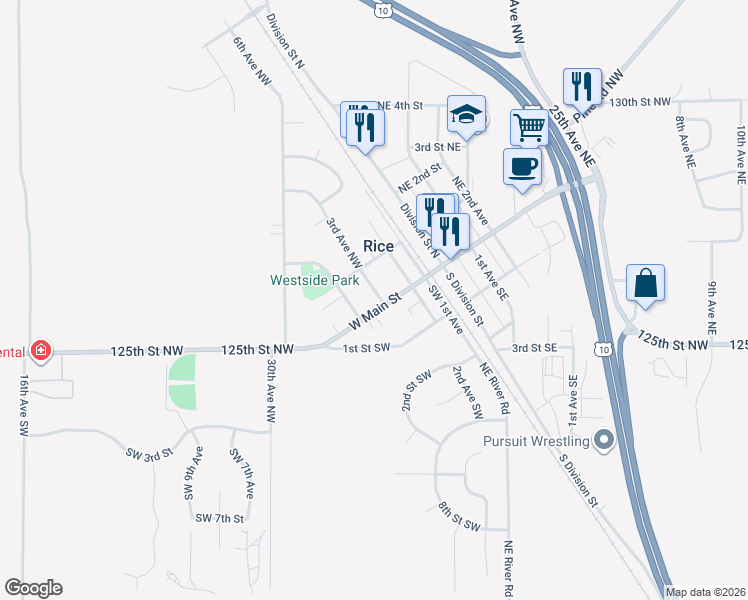 map of restaurants, bars, coffee shops, grocery stores, and more near 15 3rd Avenue Northwest in Rice