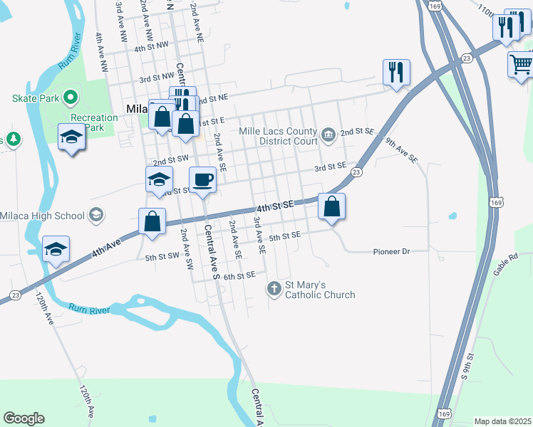 map of restaurants, bars, coffee shops, grocery stores, and more near 345 Minnesota 23 in Milaca