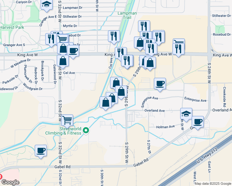 map of restaurants, bars, coffee shops, grocery stores, and more near 2909 Millennium in Billings
