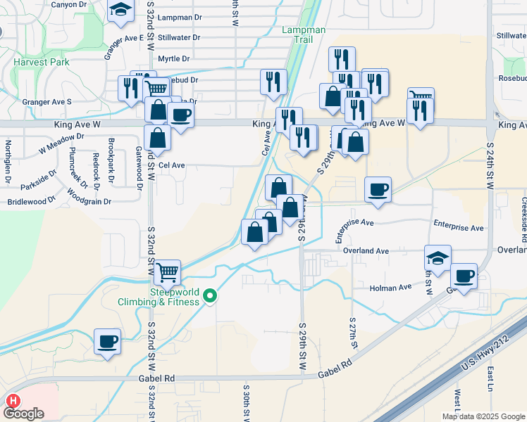 map of restaurants, bars, coffee shops, grocery stores, and more near 2909 Millennium Circle in Billings