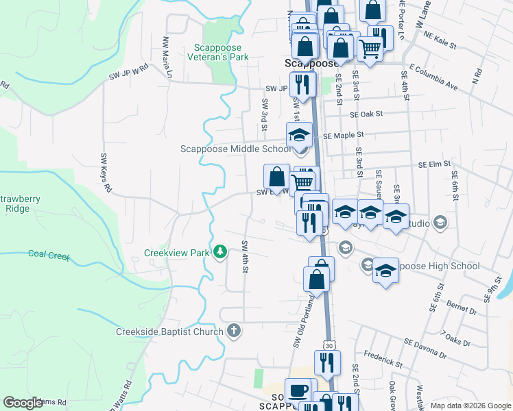 map of restaurants, bars, coffee shops, grocery stores, and more near 52096 Southwest 4th Street in Scappoose