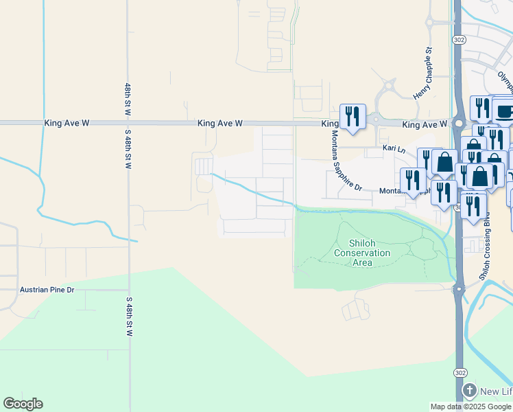 map of restaurants, bars, coffee shops, grocery stores, and more near Fightin Irish Way in Billings