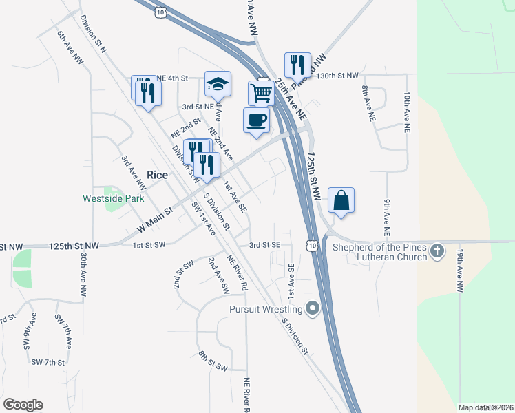 map of restaurants, bars, coffee shops, grocery stores, and more near 115 2nd Avenue Southeast in Rice