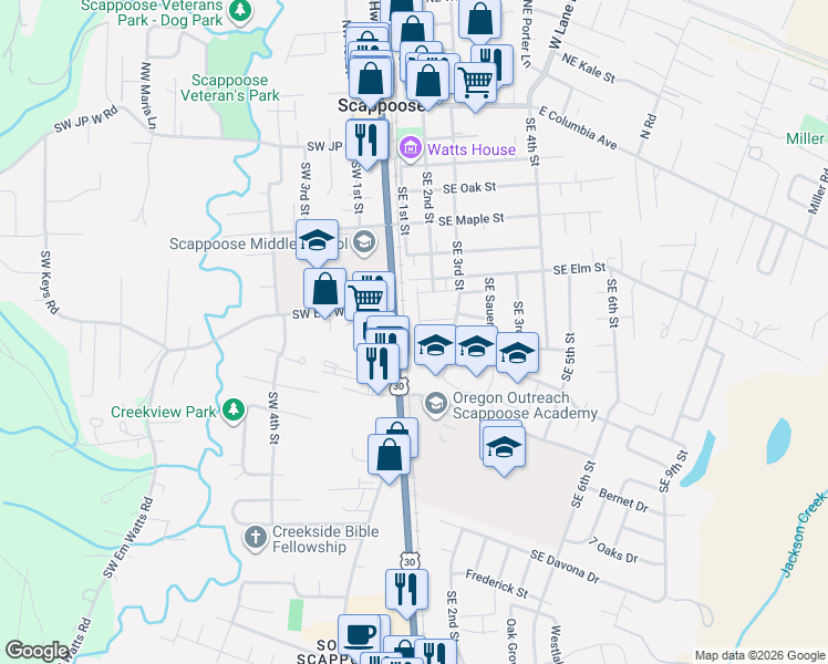 map of restaurants, bars, coffee shops, grocery stores, and more near 52101 Southeast Relish Lane in Scappoose
