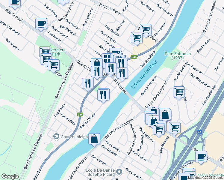 map of restaurants, bars, coffee shops, grocery stores, and more near 407 Rue du Village in Repentigny