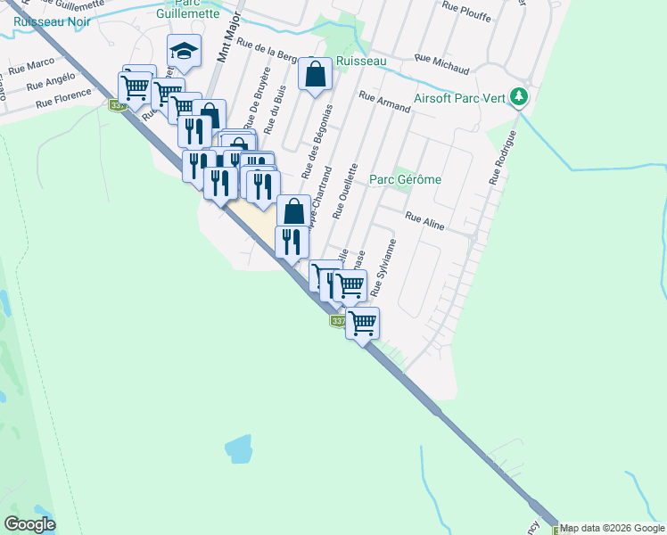 map of restaurants, bars, coffee shops, grocery stores, and more near 1170 Rue Arzélie in Terrebonne