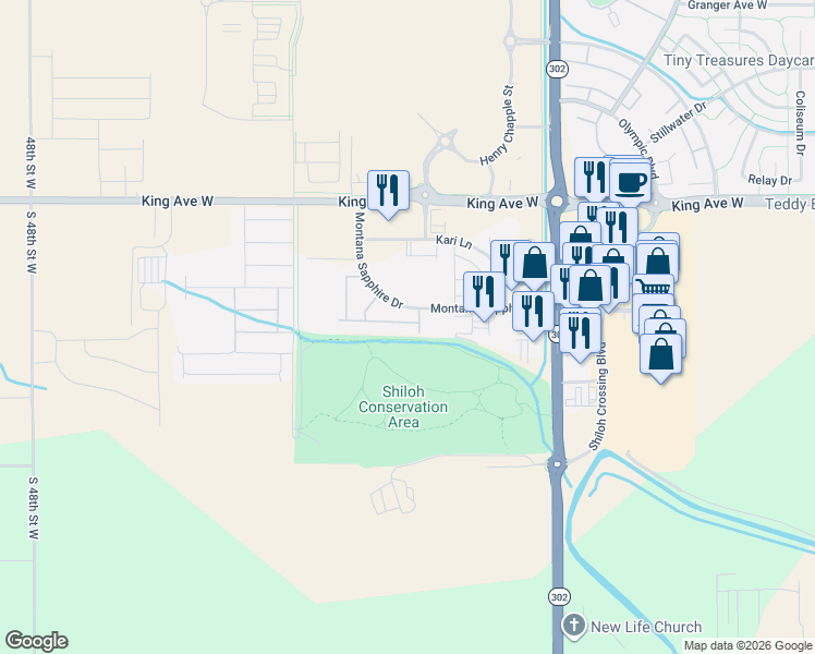 map of restaurants, bars, coffee shops, grocery stores, and more near 4230 Long Beach Way in Billings