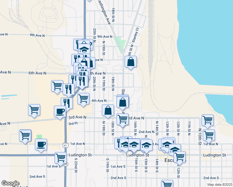 map of restaurants, bars, coffee shops, grocery stores, and more near 1700 4th Avenue North in Escanaba