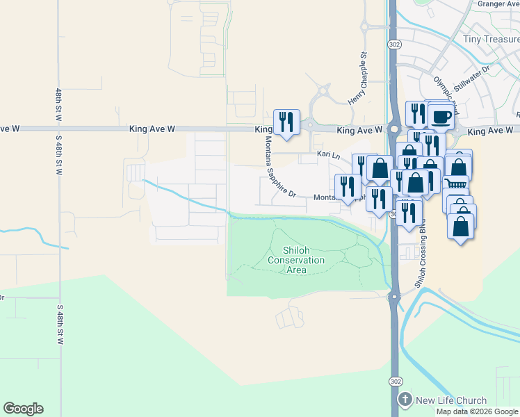 map of restaurants, bars, coffee shops, grocery stores, and more near 4320 Long Beach Way in Billings