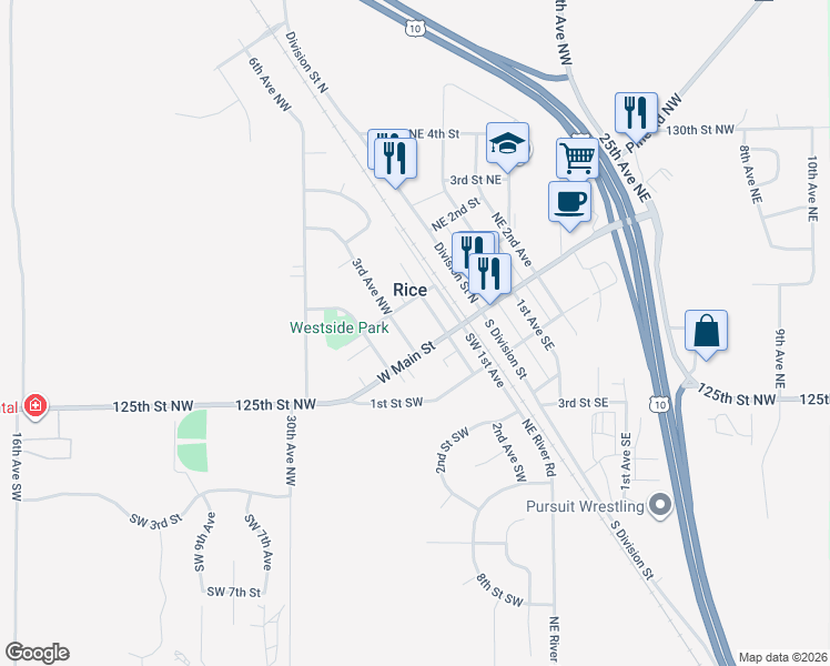 map of restaurants, bars, coffee shops, grocery stores, and more near 15 3rd Avenue Northwest in Rice