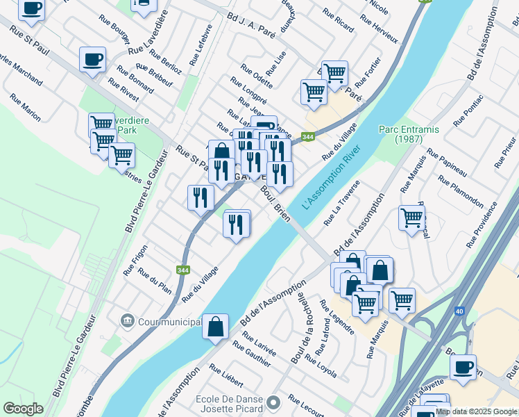 map of restaurants, bars, coffee shops, grocery stores, and more near 407 Rue du Village in Repentigny