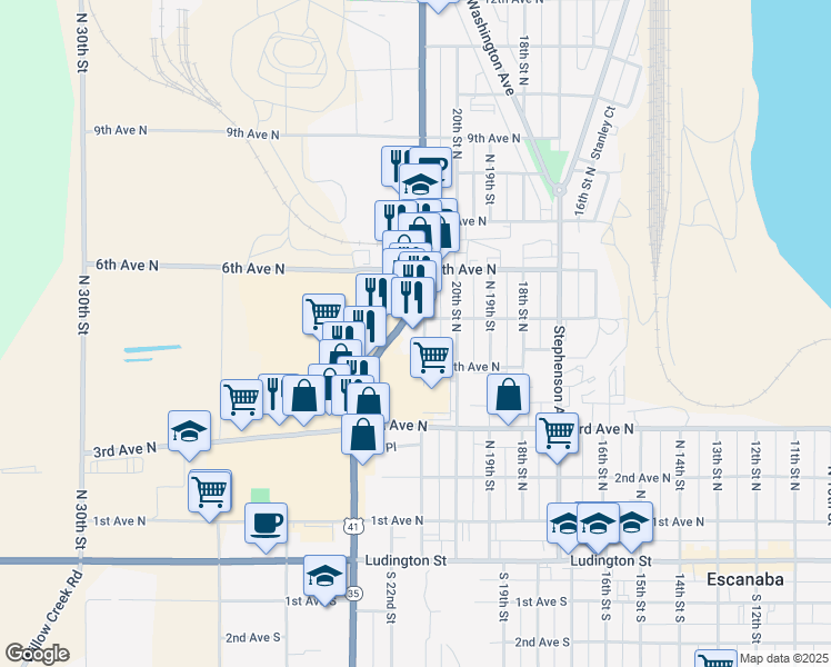 map of restaurants, bars, coffee shops, grocery stores, and more near 430 North Lincoln Road in Escanaba