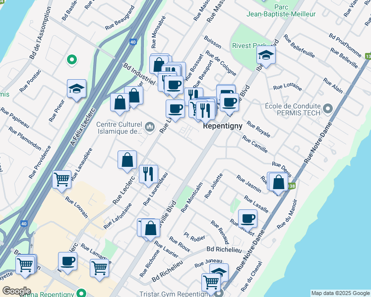 map of restaurants, bars, coffee shops, grocery stores, and more near 605 Boulevard Iberville in Repentigny