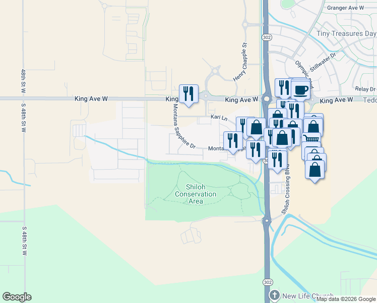 map of restaurants, bars, coffee shops, grocery stores, and more near 4245 Long Beach Way in Billings