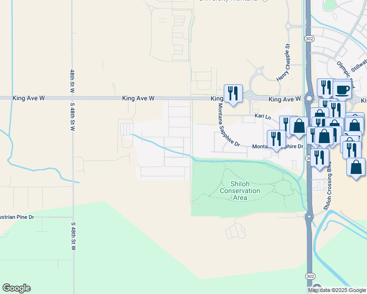 map of restaurants, bars, coffee shops, grocery stores, and more near Yellowjackets Way in Billings